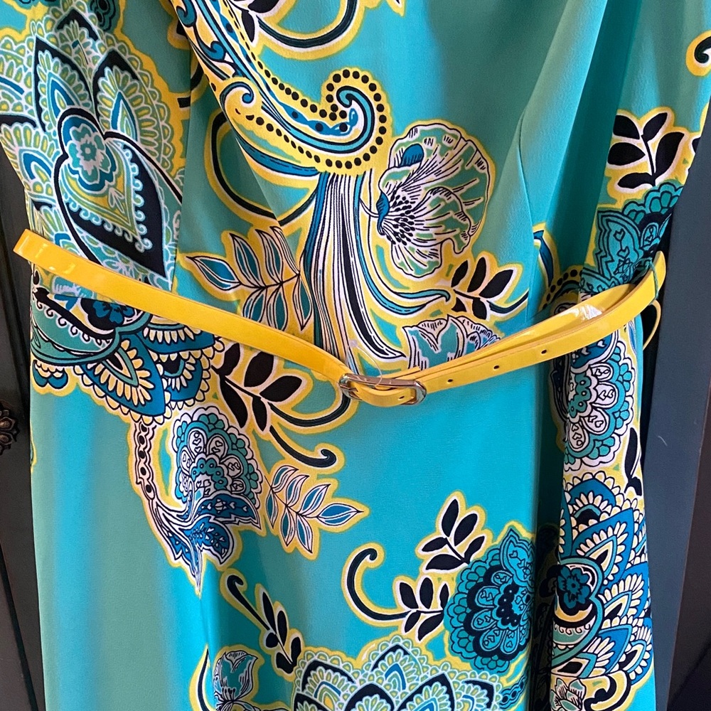 dressbarn Vibrant Teal and Yellow Paisley Midi Dress - Picture 3 of 8
